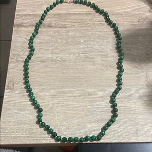 Vintage Green Malachite Beaded Necklace with 14k Stamped Gold Clasp 15”